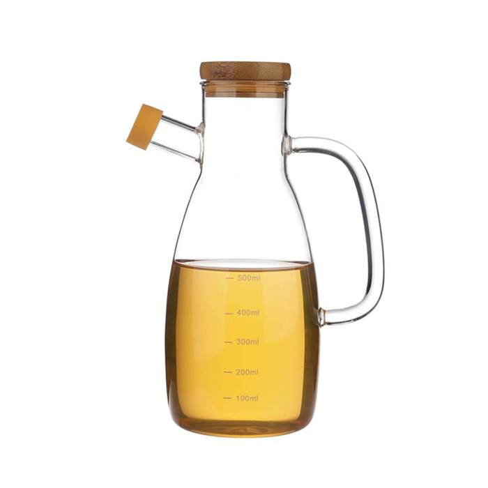 Bouteille d'huile en verre Kraft Line OD-1000 - 1L, avec bouchon en bois et verseur anti-goutte