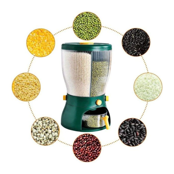 Distributeur de riz rotatif 10kg, 360°, bac de stockage pour aliments secs, céréales, grains