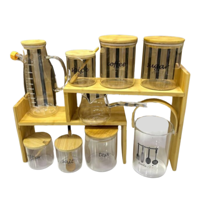 Ensemble de bocaux en verre avec support et accessoires - Organisation complète pour votre cuisine