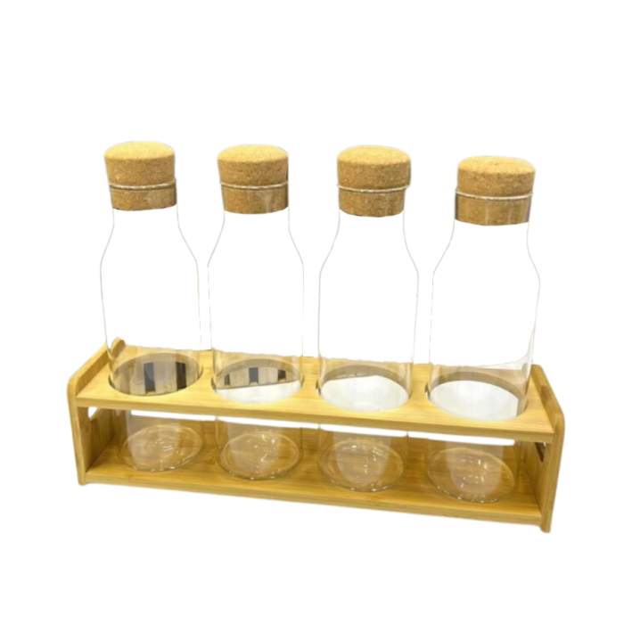 Ensemble de 4 bouteilles en verre avec bouchons en liège et support - Rangement élégant et pratique pour votre cuisine