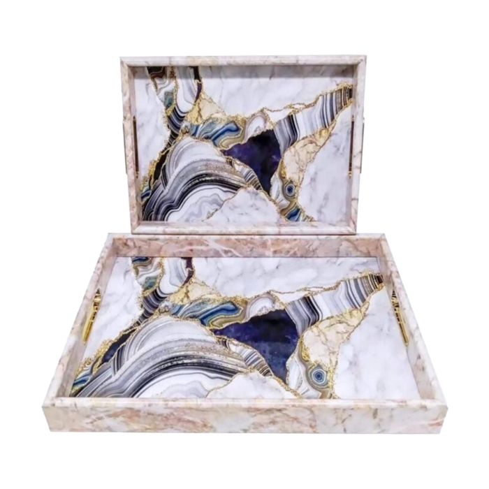Set de 2 plateaux de service Tiffany Houseware Solutions, motif agate, poignées dorées