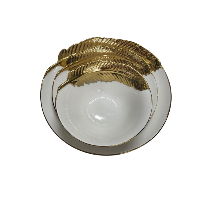 Set de 3 plats de service en porcelaine, motif feuille dorée, design élégant