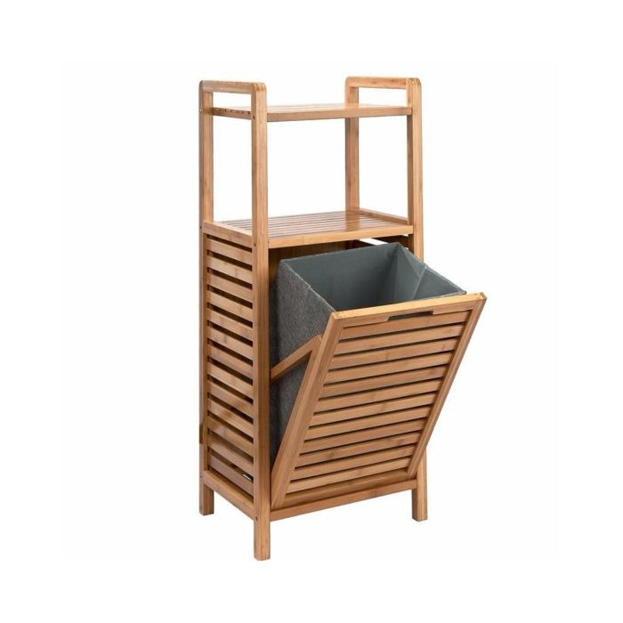 Meuble de salle de bain en bambou avec panier à linge intégré, 2 étagères, rangement polyvalent