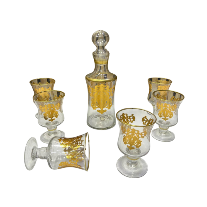 Ensemble carafe et verres en verre avec motifs dorés (7 pièces)
