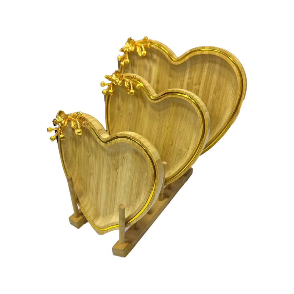 Assiettes en bambou en forme de cœur, lot de 3, détails dorés, RF-11