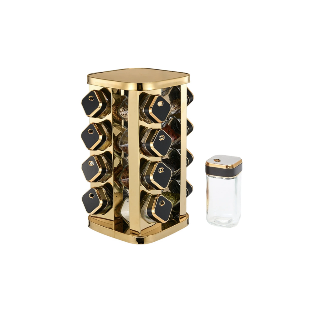 Présentoir à épices rotatif 12 pots, design moderne, bois et doré